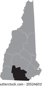 Black highlighted location map of the Hillsborough County inside gray map of the Federal State of New Hampshire, USA