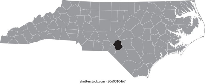 Black highlighted location map of the Hoke County inside gray administrative map of the Federal State of North Carolina, USA