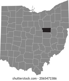 Black highlighted location map of the Holmes County inside gray administrative map of the Federal State of Ohio, USA