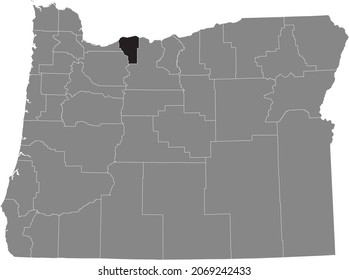 Black highlighted location map of the Hood River County inside gray administrative map of the Federal State of Oregon, USA