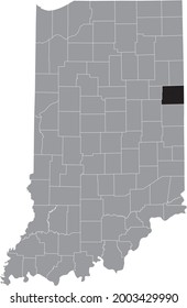 Black highlighted location map of the Hoosier Jay County inside gray map of the Federal State of Indiana, USA