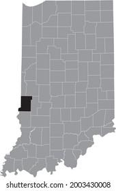 Mapa de ubicación resaltado en negro del Condado de Hoosier Vigo dentro del mapa gris del Estado Federal de Indiana, Estados Unidos