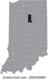 Mapa de ubicación resaltado en negro del Condado de Hoosier Miami dentro del mapa gris del Estado Federal de Indiana, Estados Unidos