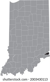 Black highlighted location map of the Hoosier Ohio County inside gray map of the Federal State of Indiana, USA