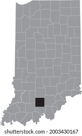 Black highlighted location map of the Hoosier Orange County inside gray map of the Federal State of Indiana, USA