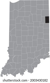 Black highlighted location map of the Hoosier Adams County inside gray map of the Federal State of Indiana, USA