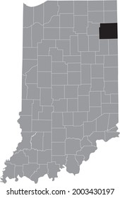 Black highlighted location map of the Hoosier Allen County inside gray map of the Federal State of Indiana, USA