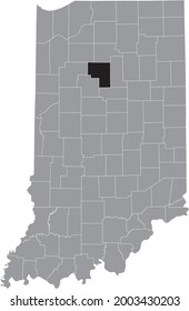 Black highlighted location map of the Hoosier Cass County inside gray map of the Federal State of Indiana, USA