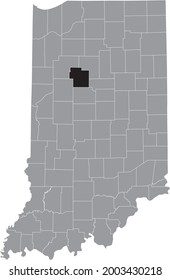 Mapa de ubicación resaltado en negro del Condado de Hoosier Carroll dentro del mapa gris del Estado Federal de Indiana, Estados Unidos