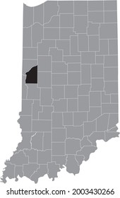 Black highlighted location map of the Hoosier Fountain County inside gray map of the Federal State of Indiana, USA