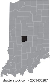 Black highlighted location map of the Hoosier Hendricks County inside gray map of the Federal State of Indiana, USA