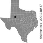 Black highlighted location map of the Howard County inside gray administrative map of the Federal State of Texas, USA