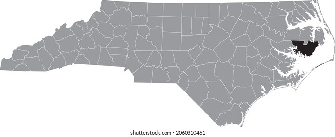 Black highlighted location map of the Hyde County inside gray administrative map of the Federal State of North Carolina, USA