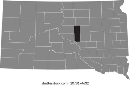 Black highlighted location map of the Hyde County inside gray administrative map of the Federal State of South Dakota, USA