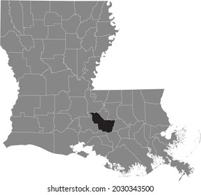 Black highlighted location map of the Iberville Parish inside gray map of the Federal State of Louisiana, USA