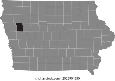 Black highlighted location map of the Ida County inside gray map of the Federal State of Iowa, USA