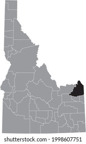 Black highlighted location map of the Idahoan Fremont County inside gray map of the Federal State of Idaho, USA