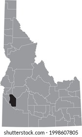 Black highlighted location map of the Idahoan Ada County inside gray map of the Federal State of Idaho, USA