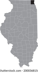 Black highlighted location map of the Illinoisan Lake County inside gray map of the Federal State of Illinois, USA