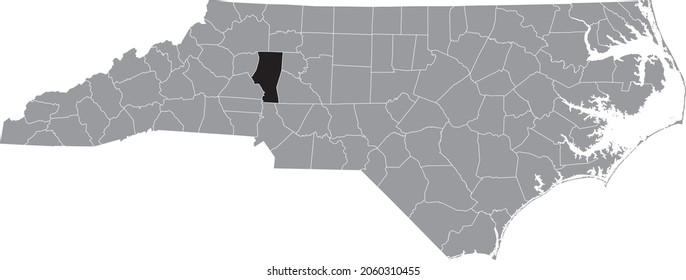 Black highlighted location map of the Iredell County inside gray administrative map of the Federal State of North Carolina, USA