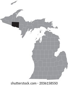 Black highlighted location map of the Iron County inside gray map of the Federal State of Michigan, USA