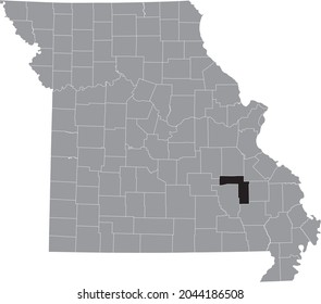 Black highlighted location map of the Iron County inside gray map of the Federal State of Missouri, USA