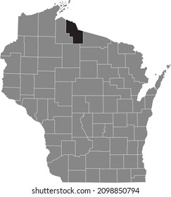 Mapa de ubicación resaltado en negro del condado de Iron dentro del mapa administrativo gris del estado federal de Wisconsin, Estados Unidos