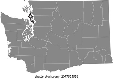 Black highlighted location map of the Island County inside gray administrative map of the Federal State of Washington, USA