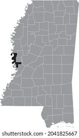 Black highlighted location map of the Issaquena County inside gray map of the Federal State of Mississippi, USA