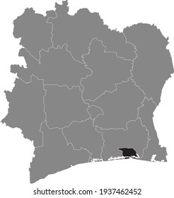 Schwarz hervorgehobene Ortskarte des autonomen Gebiets von Côte d'Ivoire (Côte d'Ivoire), innerhalb der grauen Karte der Republik Côte d'Ivoire