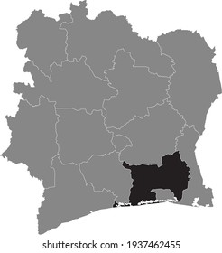 Black highlighted location map of the Ivorian Lagunes district inside gray map of the Republic of Ivory Coast (Côte d'Ivoire)
