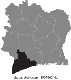 Black highlighted location map of the Ivorian Bas-Sassandra district inside gray map of the Republic of Ivory Coast (Côte d'Ivoire)