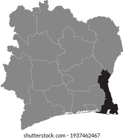 Black highlighted location map of the Ivorian Comoé district inside gray map of the Republic of Ivory Coast (Côte d'Ivoire)