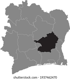 Black highlighted location map of the Ivorian Lacs district inside gray map of the Republic of Ivory Coast (Côte d'Ivoire)