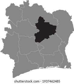 Black highlighted location map of the Ivorian Vallée du Bandama district inside gray map of the Republic of Ivory Coast (Côte d'Ivoire)