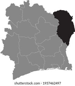 Black highlighted location map of the Ivorian Zanzan district inside gray map of the Republic of Ivory Coast (Côte d'Ivoire)