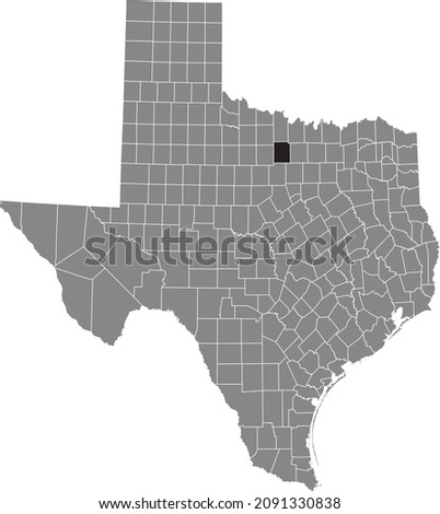 Black highlighted location map of the Jack County inside gray administrative map of the Federal State of Texas, USA
