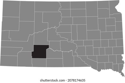 Black highlighted location map of the Jackson County inside gray administrative map of the Federal State of South Dakota, USA