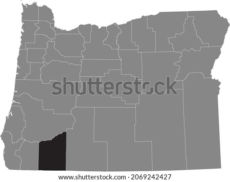 Black highlighted location map of the Jackson County inside gray administrative map of the Federal State of Oregon, USA