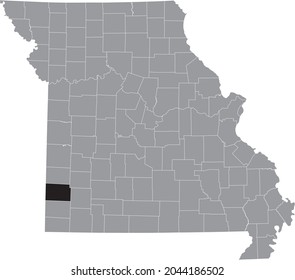 Black highlighted location map of the Jasper County inside gray map of the Federal State of Missouri, USA