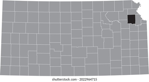 Black highlighted location map of the Jefferson County inside gray map of the Federal State of Kansas, USA