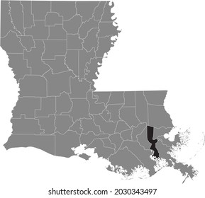 Black highlighted location map of the Jefferson Parish inside gray map of the Federal State of Louisiana, USA