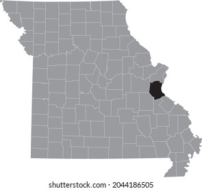 Black highlighted location map of the Jefferson County inside gray map of the Federal State of Missouri, USA