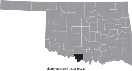 Black highlighted location map of the Jefferson County inside gray administrative map of the Federal State of Oklahoma, USA