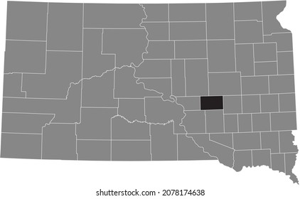 Black highlighted location map of the Jerauld County inside gray administrative map of the Federal State of South Dakota, USA
