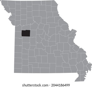 Black highlighted location map of the Johnson County inside gray map of the Federal State of Missouri, USA