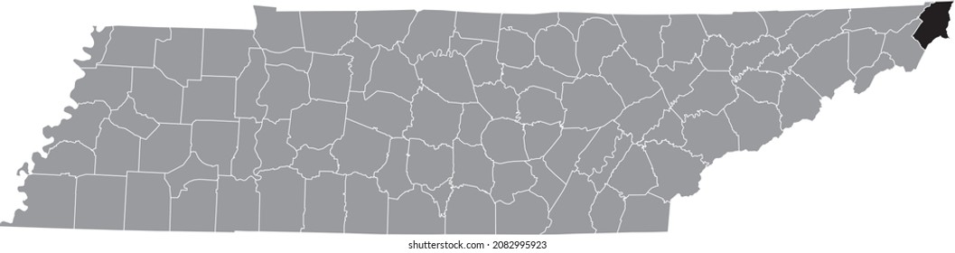 Black highlighted location map of the Johnson County inside gray administrative map of the Federal State of Tennessee, USA