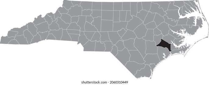 Mapa de ubicación resaltado en negro del condado de Jones dentro del mapa administrativo gris del estado federal de Carolina del Norte, EE.UU.