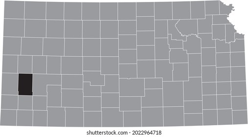 Black highlighted location map of the Kearny County inside gray map of the Federal State of Kansas, USA