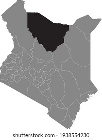 Schwarz hervorgehobene Standortkarte des Bezirks Kenyan Marsabit in grauer Karte der Republik Kenia